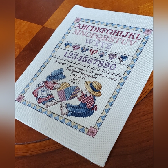 VTG 80s Cross Stitch Country Sampler Completed Alphabet Numbers Heart embroidery - Picture 5 of 5